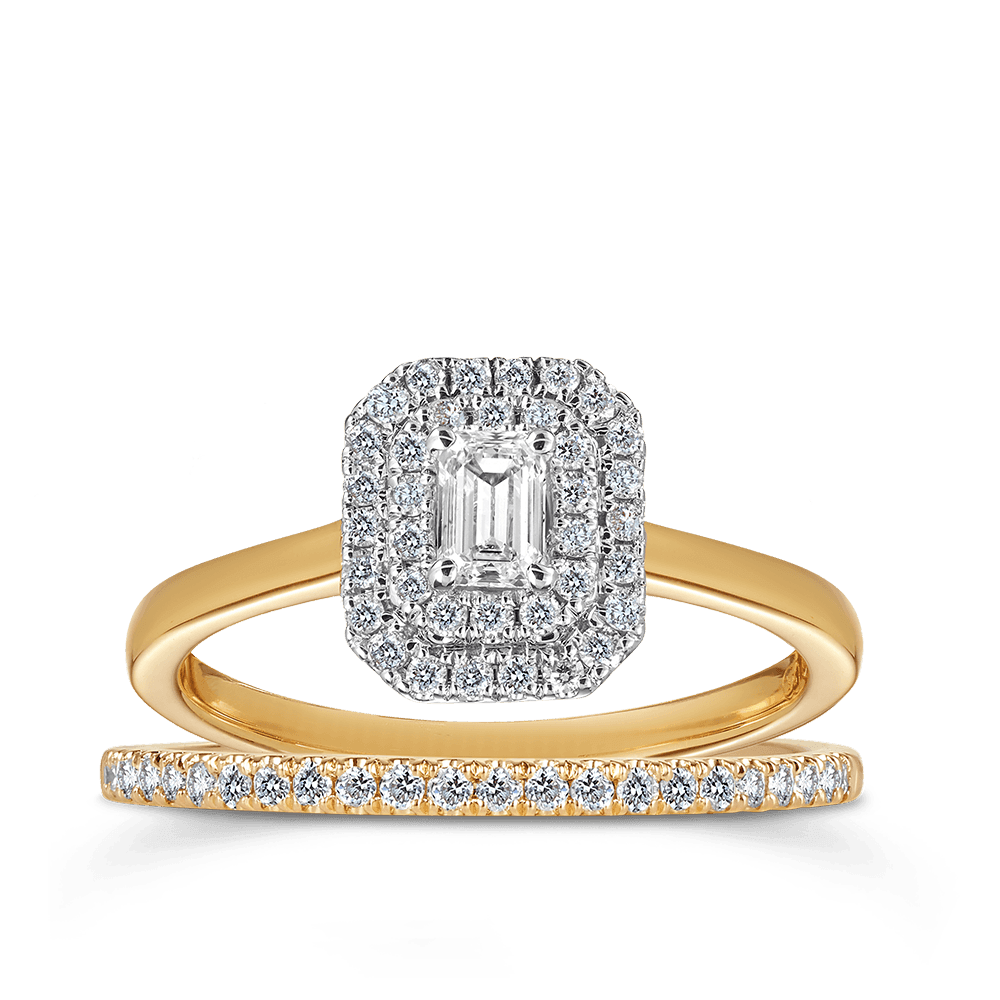 Emerald Cut Double Halo Diamond Engagement Bridal Set in 9ct Yellow & White Gold TDW 0.50ct - Wallace Bishop