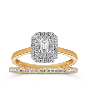 Emerald Cut Double Halo Diamond Engagement Bridal Set in 9ct Yellow & White Gold TDW 0.50ct - Wallace Bishop