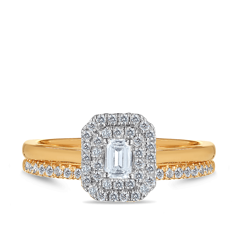 Emerald Cut Double Halo Diamond Engagement Bridal Set in 9ct Yellow & White Gold TDW 0.50ct - Wallace Bishop