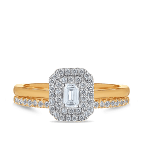 Emerald Cut Double Halo Diamond Engagement Bridal Set in 9ct Yellow & White Gold TDW 0.50ct - Wallace Bishop