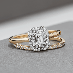 Emerald Cut Double Halo Diamond Engagement Bridal Set in 9ct Yellow & White Gold TDW 0.50ct - Wallace Bishop