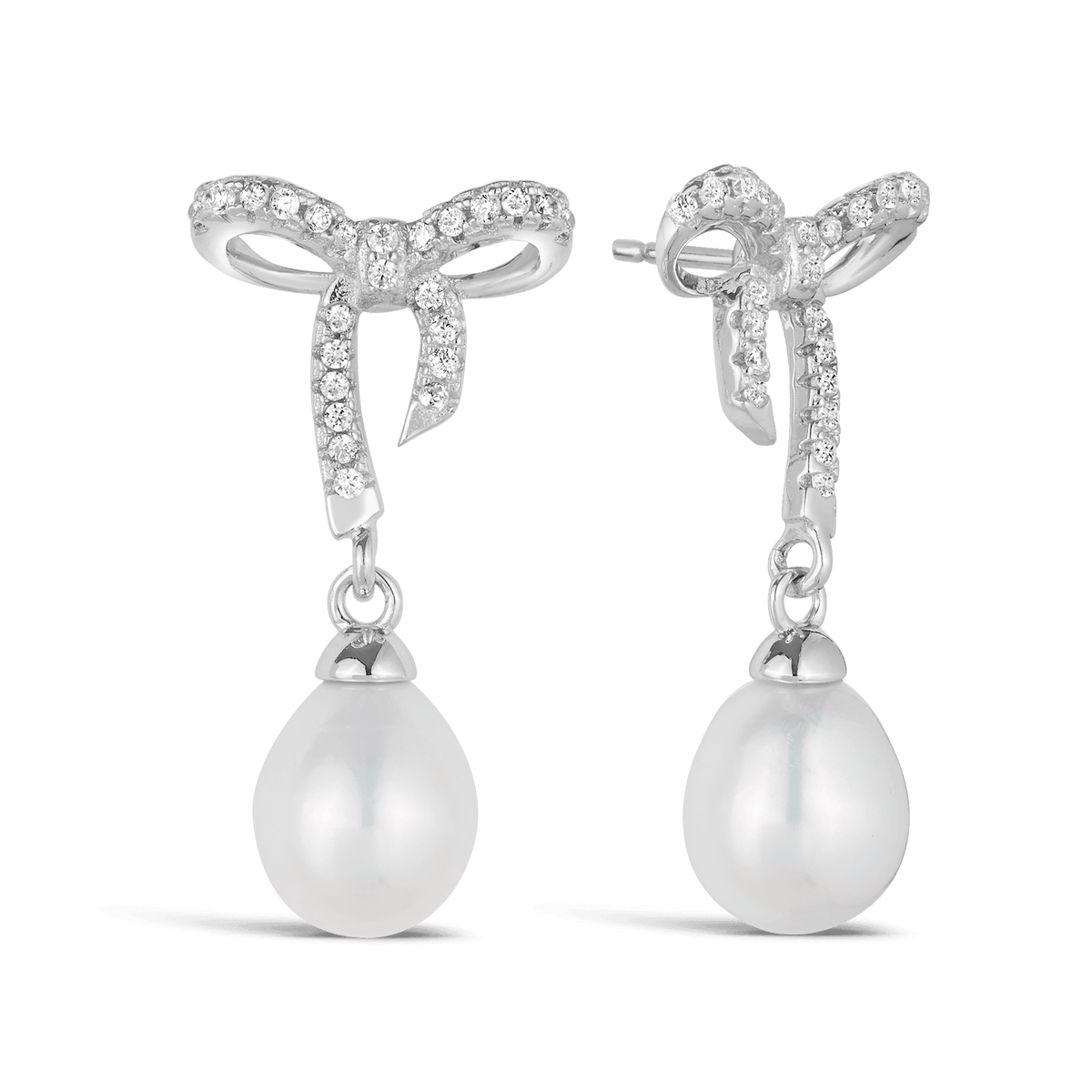 Freshwater Pearl & Cubic Zirconia Bow Drop Earrings in Sterling Silver - Wallace Bishop
