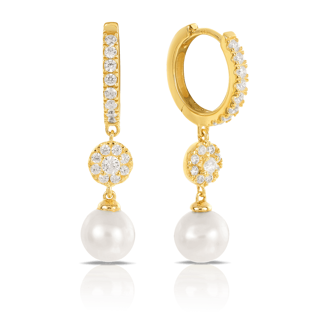 Freshwater Pearl and Cubic Zirconia Drop Earrings 9ct Yellow Gold - Wallace Bishop