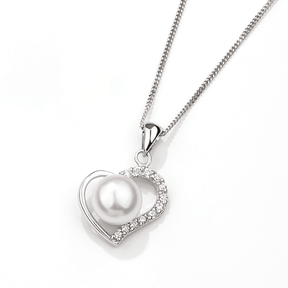 Freshwater Pearl & Cubic Zirconia Open Heart Pendant in Sterling Silver - Wallace Bishop