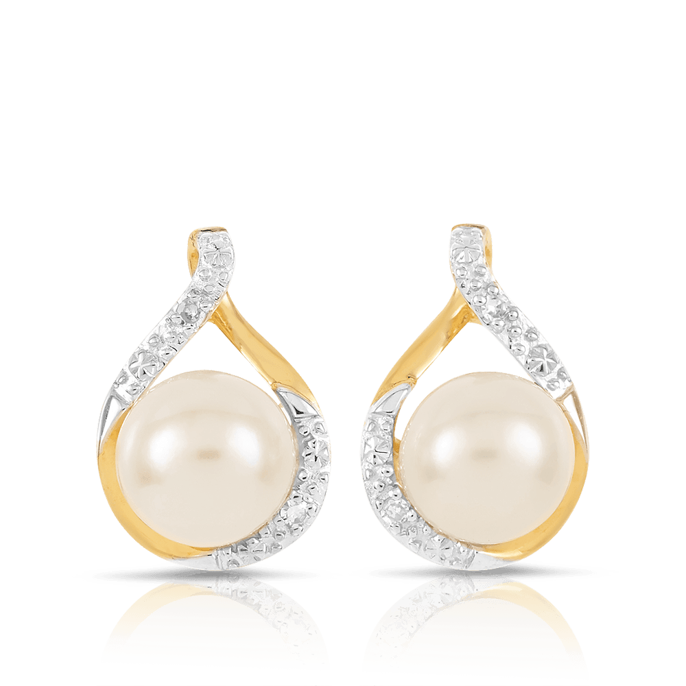 Freshwater Pearl & Diamond Stud Earrings in 9ct Yellow Gold - Wallace Bishop