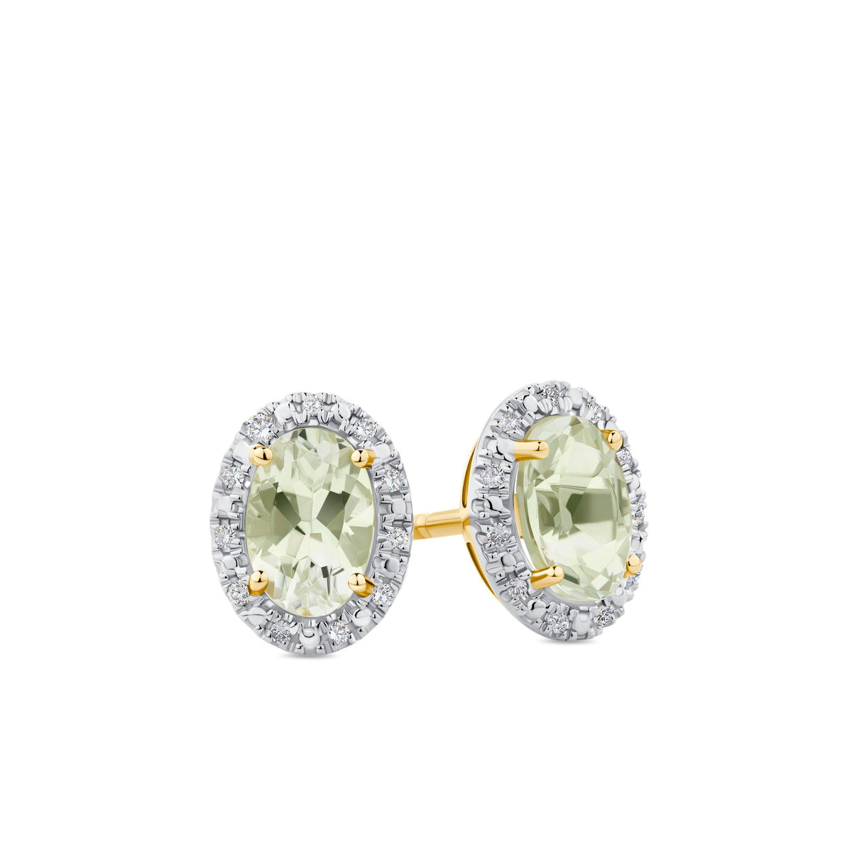 Green Amethyst & Diamond Halo Earrings in 9ct Yellow Gold - Wallace Bishop