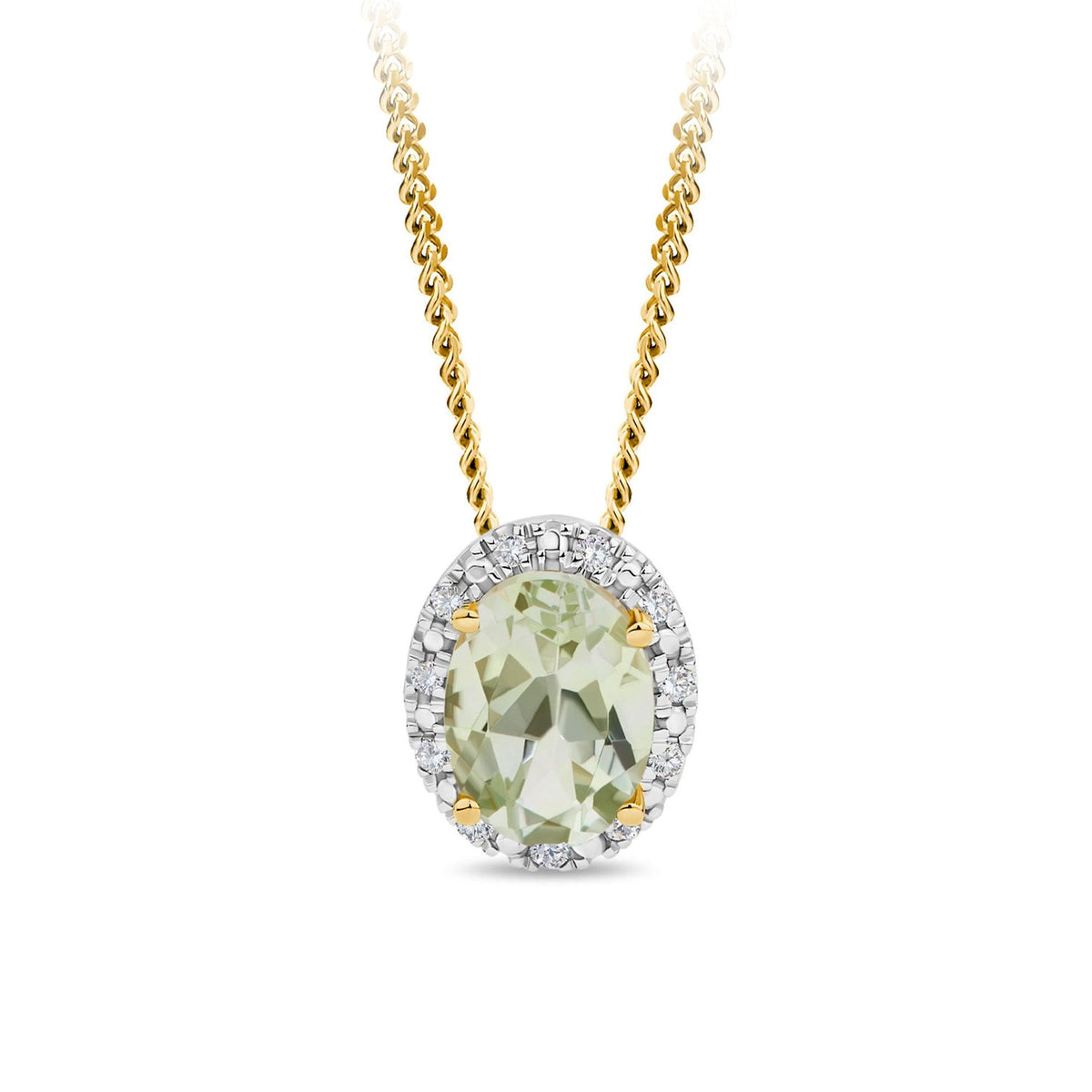 Green Amethyst & Diamond Halo Pendant in 9ct Yellow Gold - Wallace Bishop