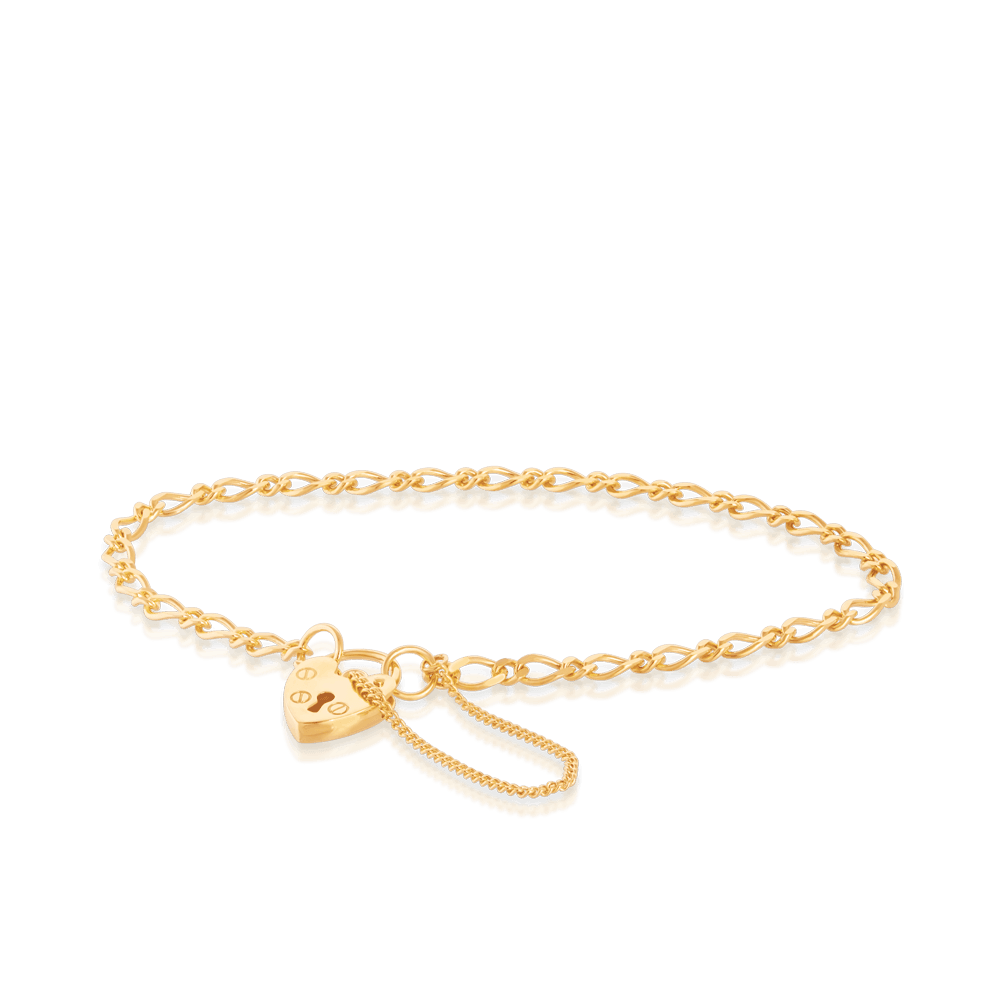 Heart Padlock Figaro Bracelet in 9ct Yellow Gold - Wallace Bishop