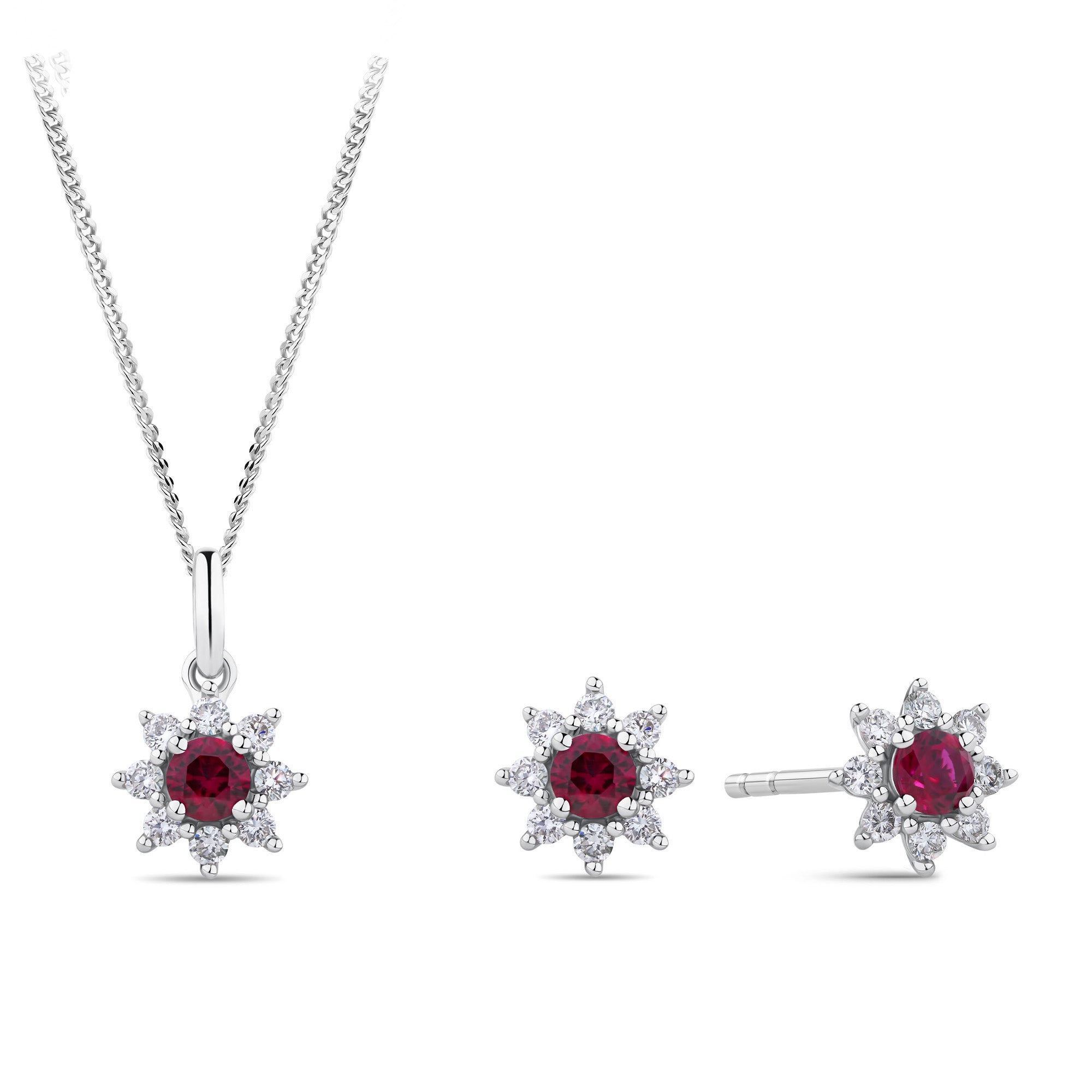 Lab-Grown Ruby & 0.30ct TDW Lab-Grown Diamond Halo Pendant and Earrings Set in Sterling Silver