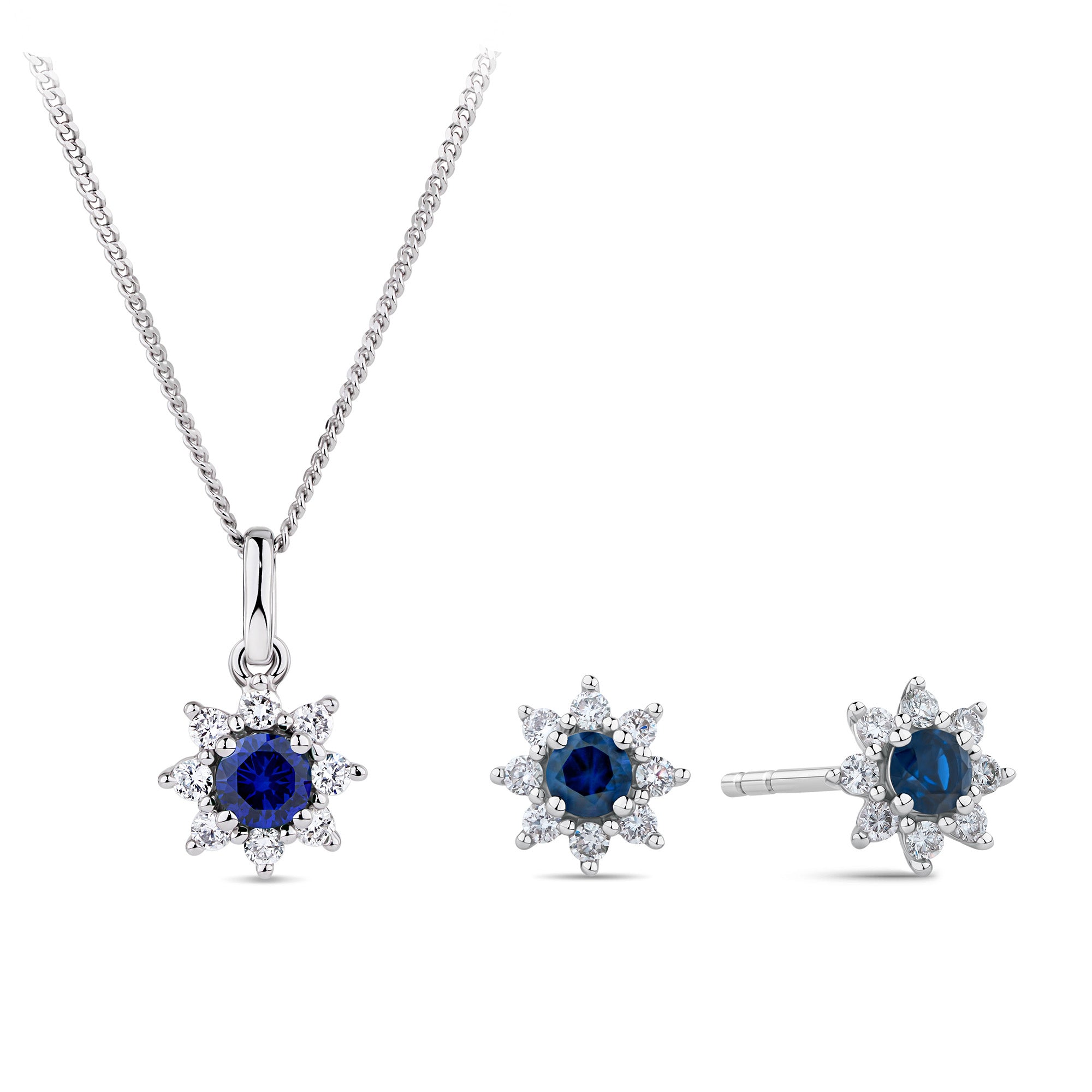 Lab-Grown Sapphire & 0.30ct TDW Lab-Grown Diamond Halo Pendant and Earrings Set in Sterling Silver