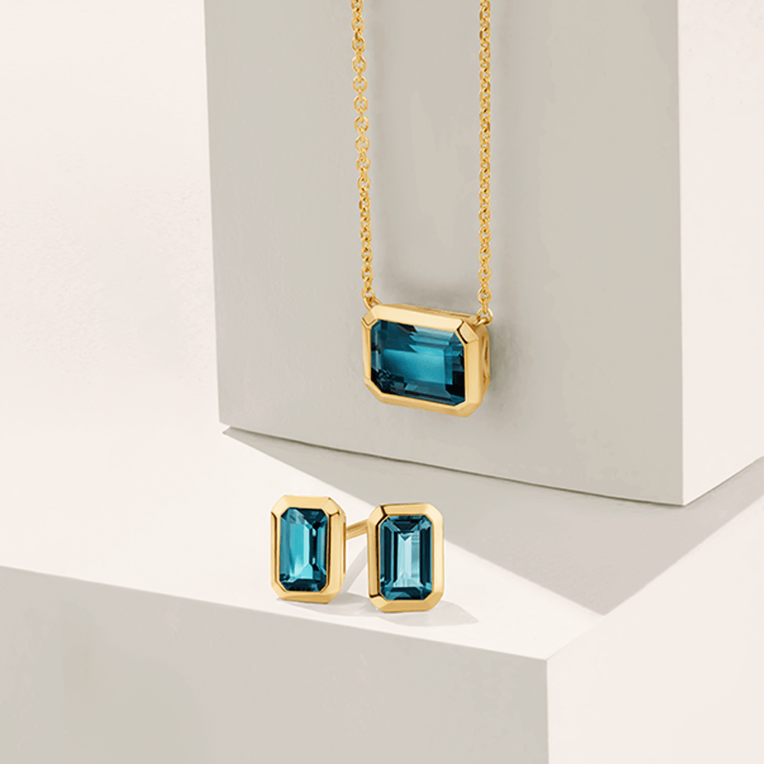 London Blue Topaz Emerald Cut Gemstone Stud Earrings in 9ct Yellow Gold - Wallace Bishop