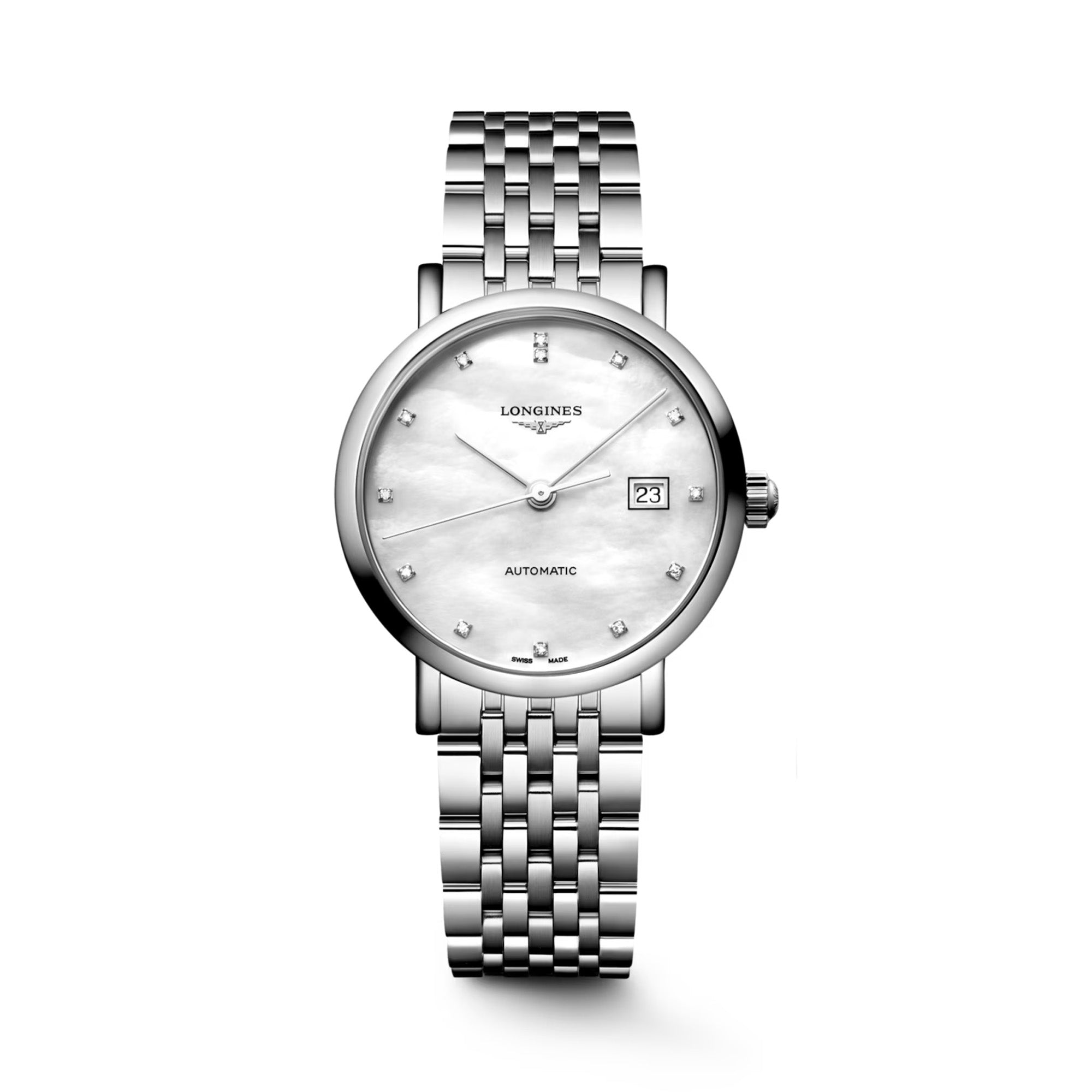 Longines Elegant Automatic 29mm women's watch L4.310.4.80.6, straight-on front view with white mother-of-pearl dial and polished stainless steel bracelet. The clean, symmetrical design reflects the collection's signature minimalist elegance.