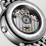 Caseback view of the Longines Elegant Automatic L4.310.4.80.6, displaying the solid polished stainless steel case back engraved with the Longines name and watch reference. The fine finishing and precise edges reflect the quality standards of Swiss watchmaking.