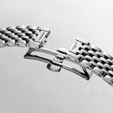 Close-up of the Longines Elegant L4.310.4.80.6 triple safety folding clasp with push-piece opening mechanism, finished in polished stainless steel. The secure three-point locking system ensures the watch stays comfortably in place throughout the day.