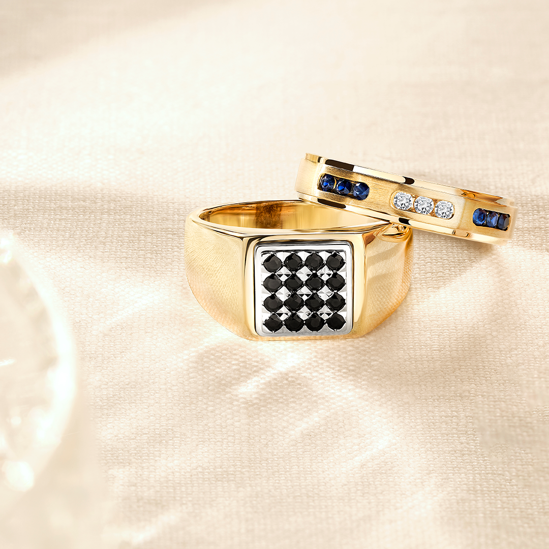 Men's Black Sapphire Square Signet Ring in 9ct Yellow and White Gold