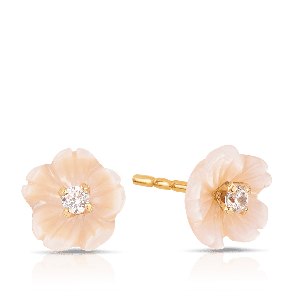 Mother of Pearl Cubic Zirconia Flower Stud Earrings in 9ct Yellow Gold - Wallace Bishop