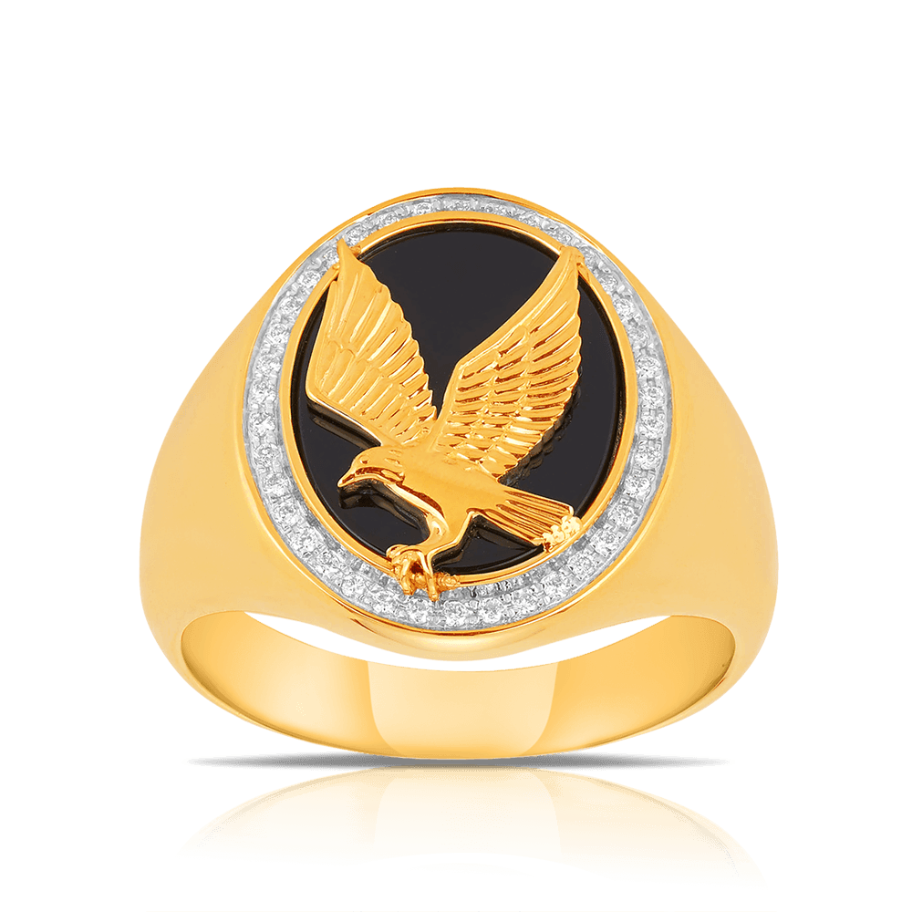 Onyx & Diamond Eagle Signet Ring in 9ct Yellow Gold - Wallace Bishop