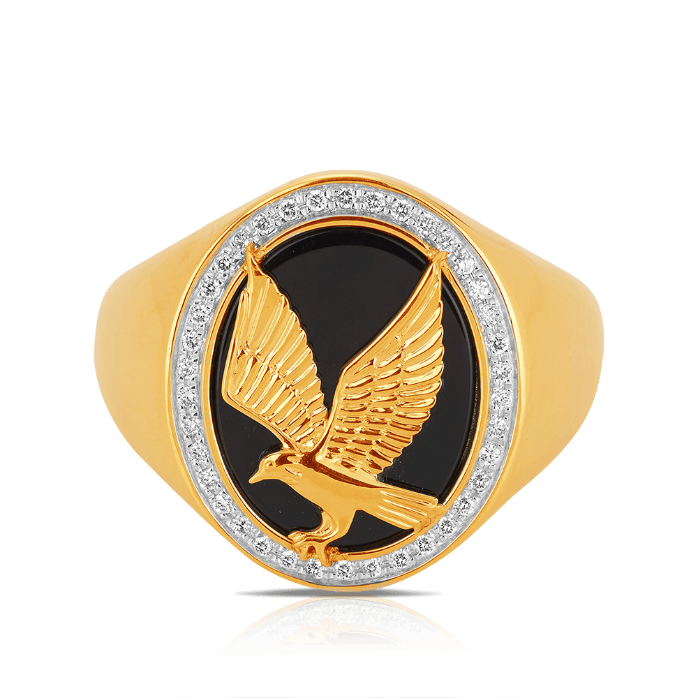 Onyx & Diamond Eagle Signet Ring in 9ct Yellow Gold - Wallace Bishop