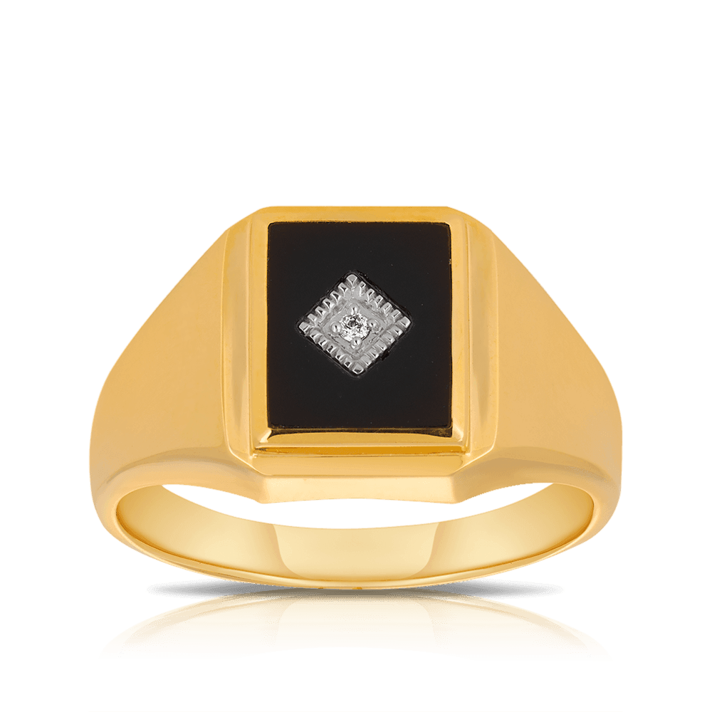 Mens gold ring with black onyx and online diamond