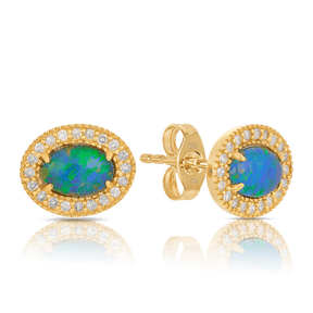 Opal & Cubic Zirconia Stud Earrings in 9ct Yellow Gold - Wallace Bishop