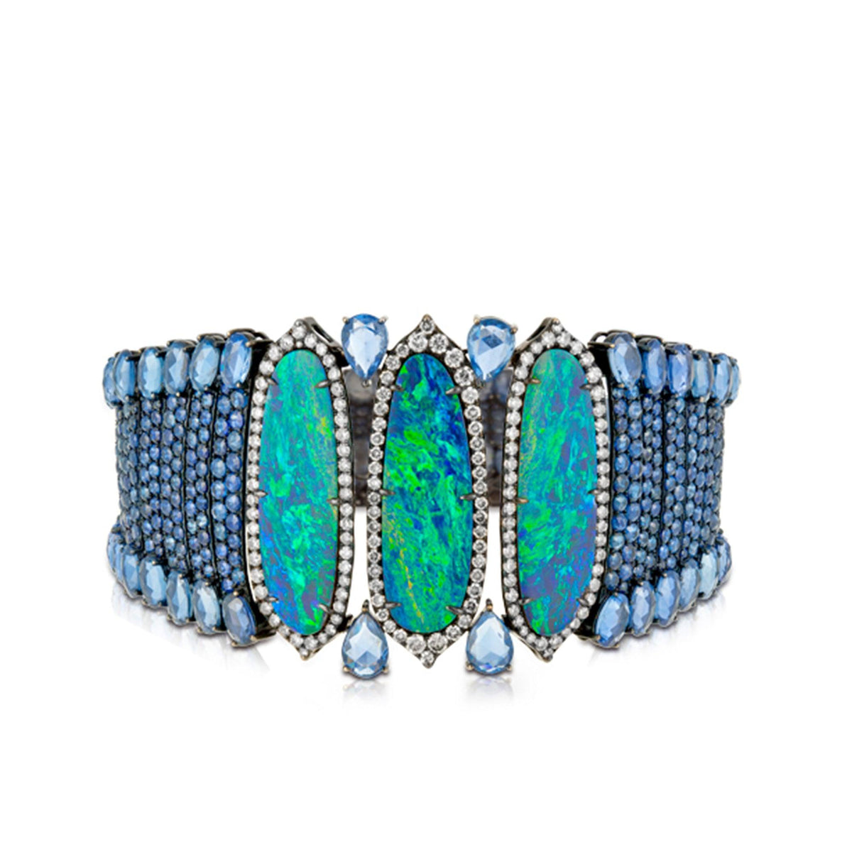 Opal, Ceylon Sapphire, and Diamond Bracelet in 18ct White Gold TDW 2.376 - Wallace Bishop