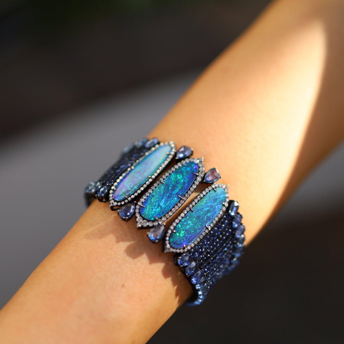 Opal, Ceylon Sapphire, and Diamond Bracelet in 18ct White Gold TDW 2.376 - Wallace Bishop