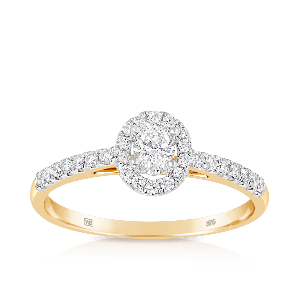 0.50ct TW Oval Cut Diamond Halo Engagement Ring in 9ct Yellow Gold