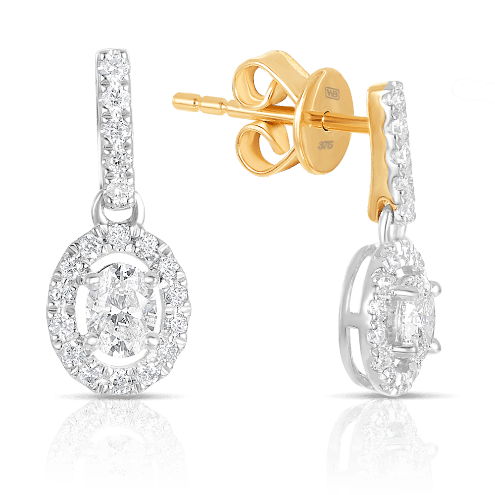 Oval Diamond Drop Earrings in 9ct Yellow and White Gold TGW 0.50ct - Wallace Bishop