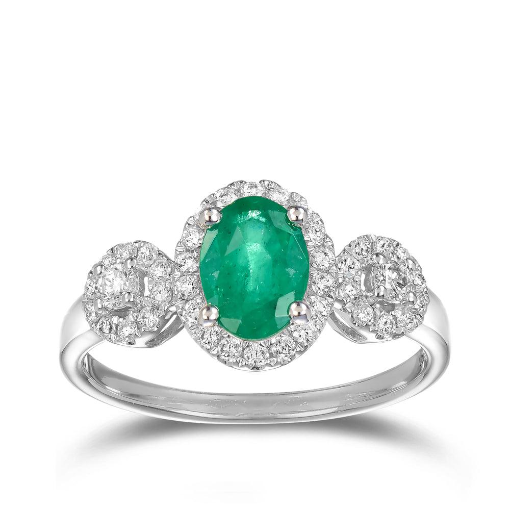 Oval Emerald & Round Brilliant Diamond Halo Trilogy Ring in 18ct White Gold TGW 0.98ct - Wallace Bishop
