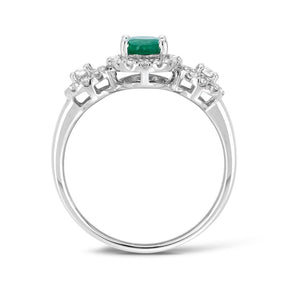 Oval Emerald & Round Brilliant Diamond Halo Trilogy Ring in 18ct White Gold TGW 0.98ct - Wallace Bishop