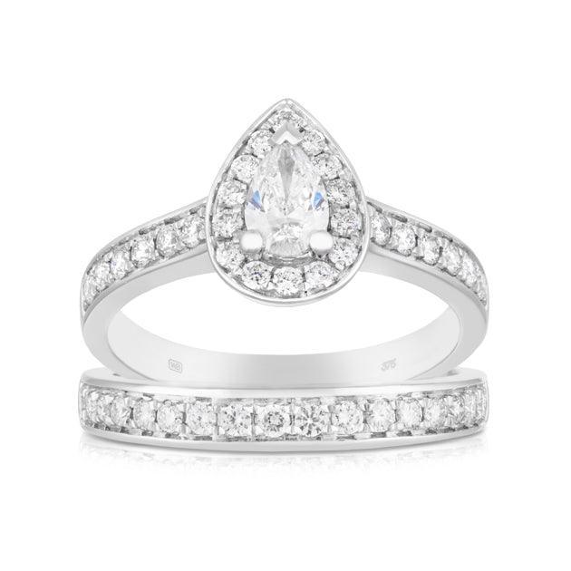 Pear Cut Diamond Halo Engagement & Wedding Bridal Set Rings in 18ct White Gold - Wallace Bishop