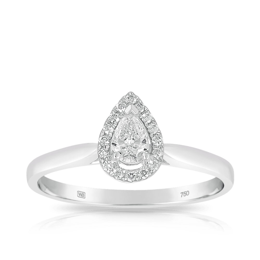 Pear Cut Diamond Halo Engagement Ring set in 18ct White Gold - Wallace Bishop