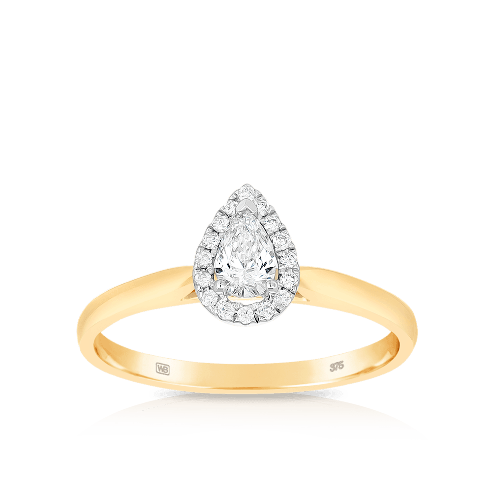 Pear Cut Diamond Halo Engagement Ring set in 9ct Yellow Gold TDW 0.33ct - Wallace Bishop