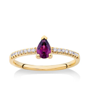 Pear Cut Rhodolite Garnet & Diamond Ring in 9ct Yellow Gold - Wallace Bishop