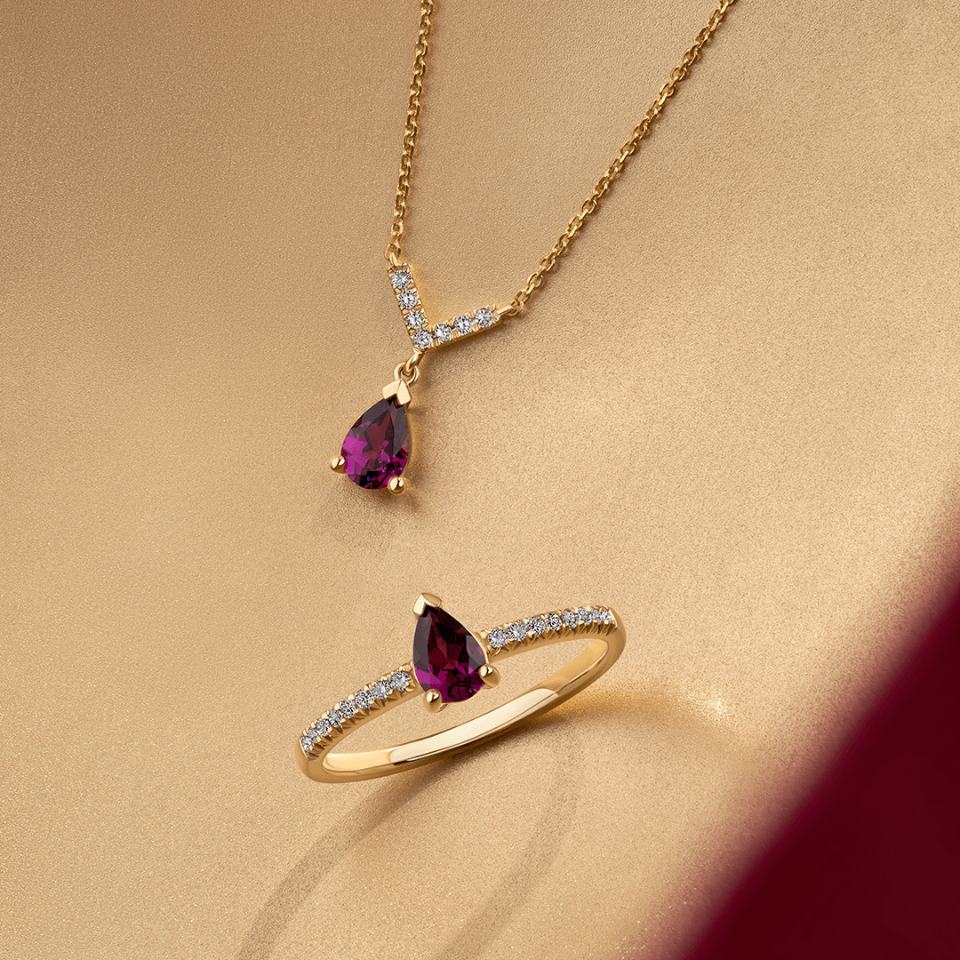 Pear Cut Rhodolite Garnet & Diamond Ring in 9ct Yellow Gold - Wallace Bishop