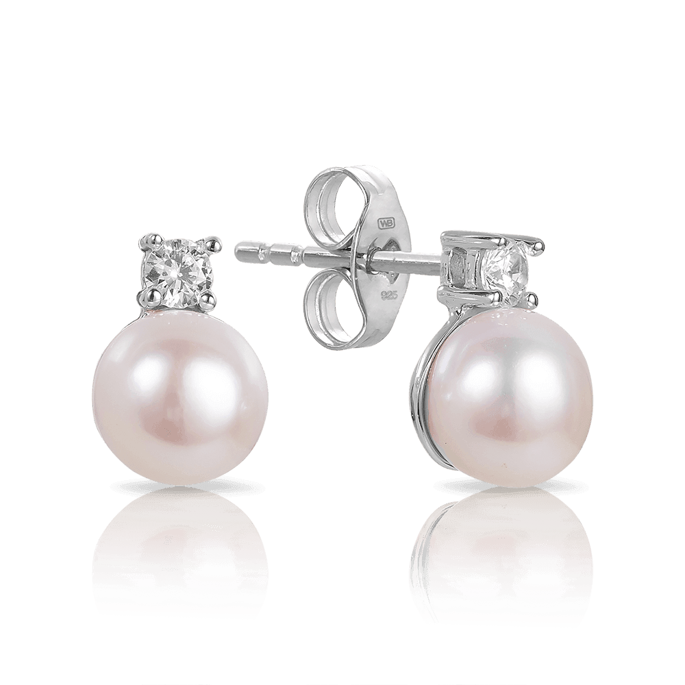 Pearl and Cubic Zirconia Studs in Sterling Silver - Wallace Bishop