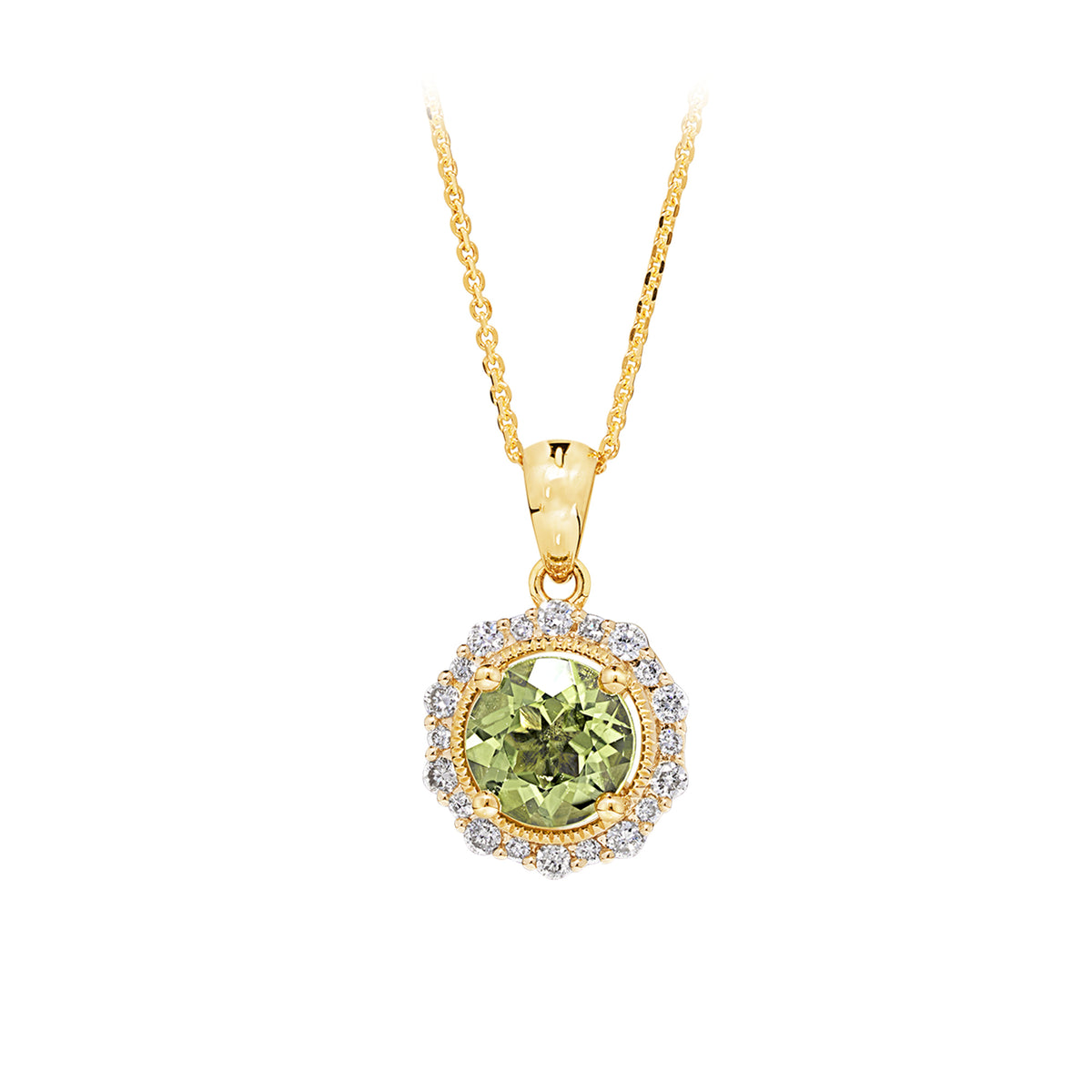 Bluebird™ Peridot & Diamond Pendant with Chain in 9ct Gold Chain