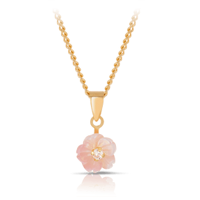 Pink Mother of Pearl Flower Cubic Zirconia Pendant in 9ct Yellow Gold - Wallace Bishop