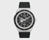 This angle highlights the multifunction sub-dials, including the luminous moon graphic and day/night indicator. The stainless steel case catches the light across its brushed finish.