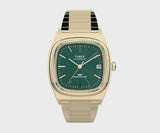 Worn day-to-day, the 1983 E-Line Automatic suits both vintage-inspired and considered everyday dressing. The green dial and gold-tone band combination brings retro character to any outfit.
