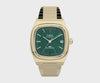 Worn day-to-day, the 1983 E-Line Automatic suits both vintage-inspired and considered everyday dressing. The green dial and gold-tone band combination brings retro character to any outfit.