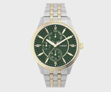 The Timex Chicago Chronograph TW2Y21400 features a textured green dial with gold-tone faceted indices and luminous hands. Sub-dials display the day, date, and 24-hour time for a multi-function layout.