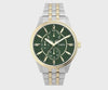 The Timex Chicago Chronograph TW2Y21400 features a textured green dial with gold-tone faceted indices and luminous hands. Sub-dials display the day, date, and 24-hour time for a multi-function layout.