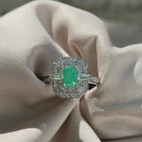 Green gemstone and diamond vintage white gold ring