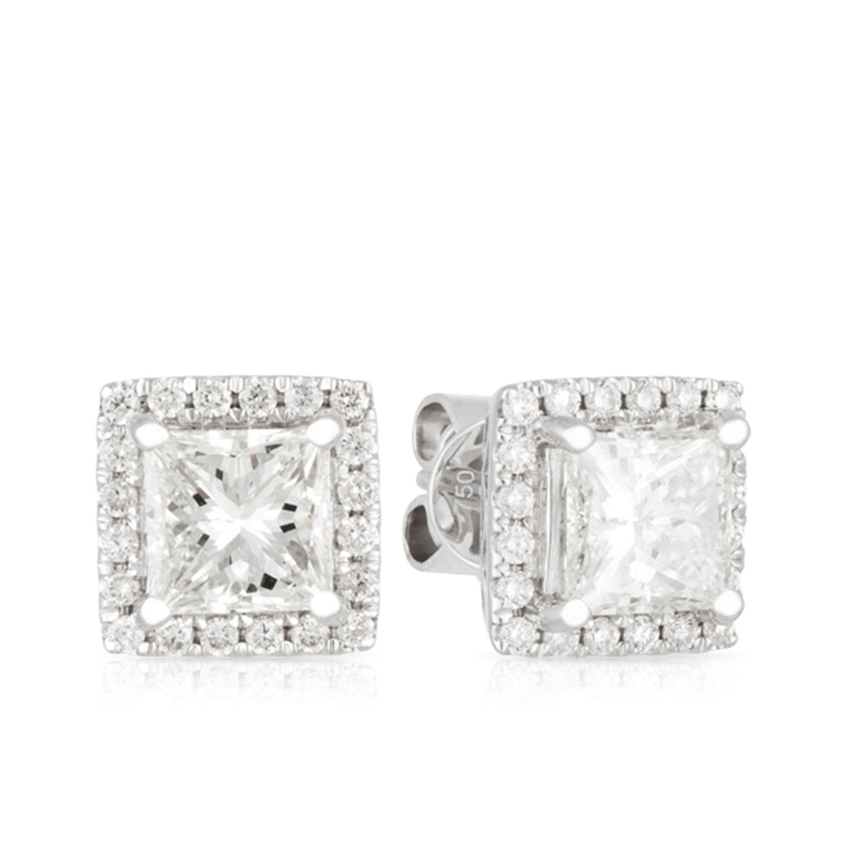 Princess Cut Diamond Halo Earrings in 18ct White Gold TDW 2.25ct - Wallace Bishop