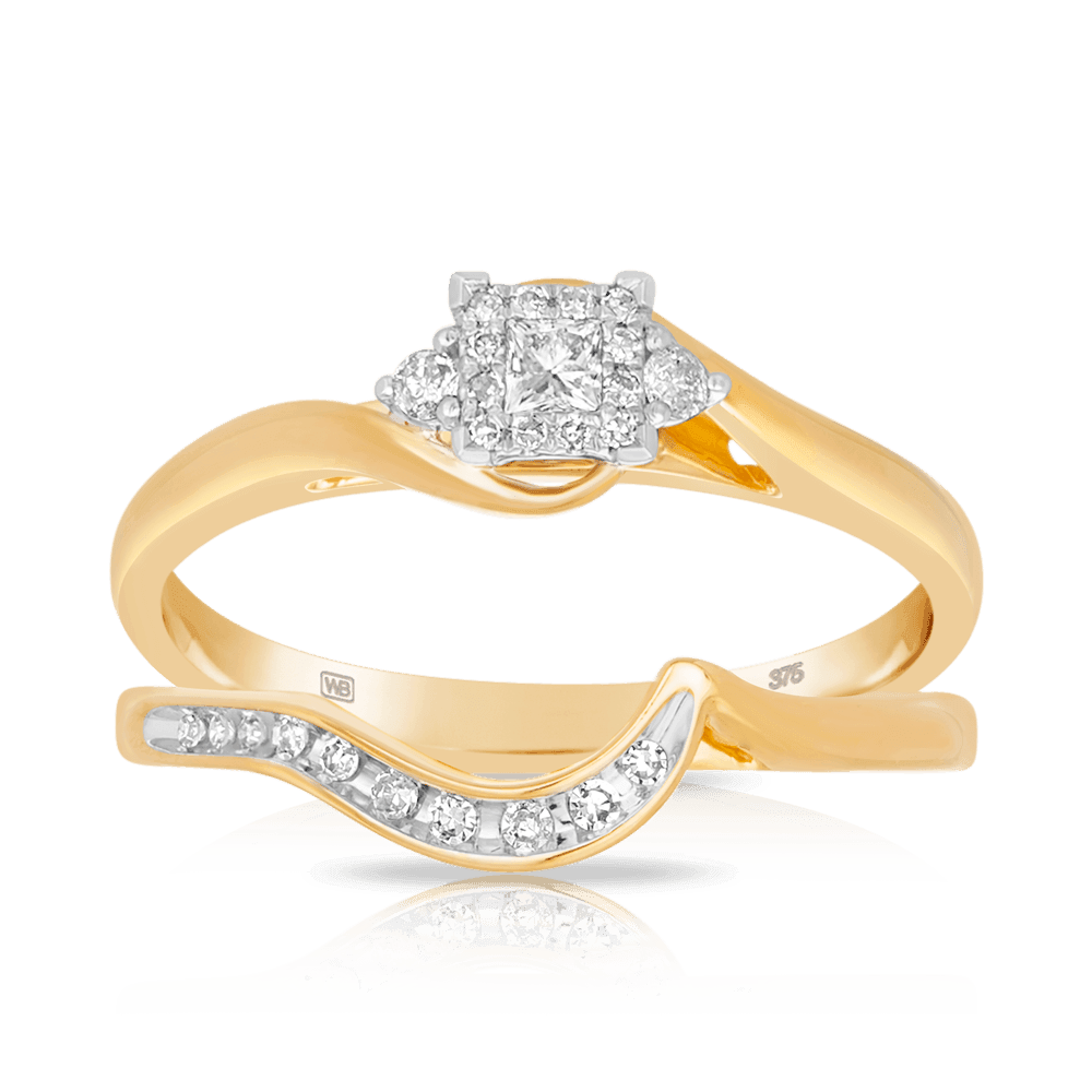 Princess Cut Diamond Halo Engagement & Wedding Bridal Set Rings in 9ct Yellow Gold - Wallace Bishop