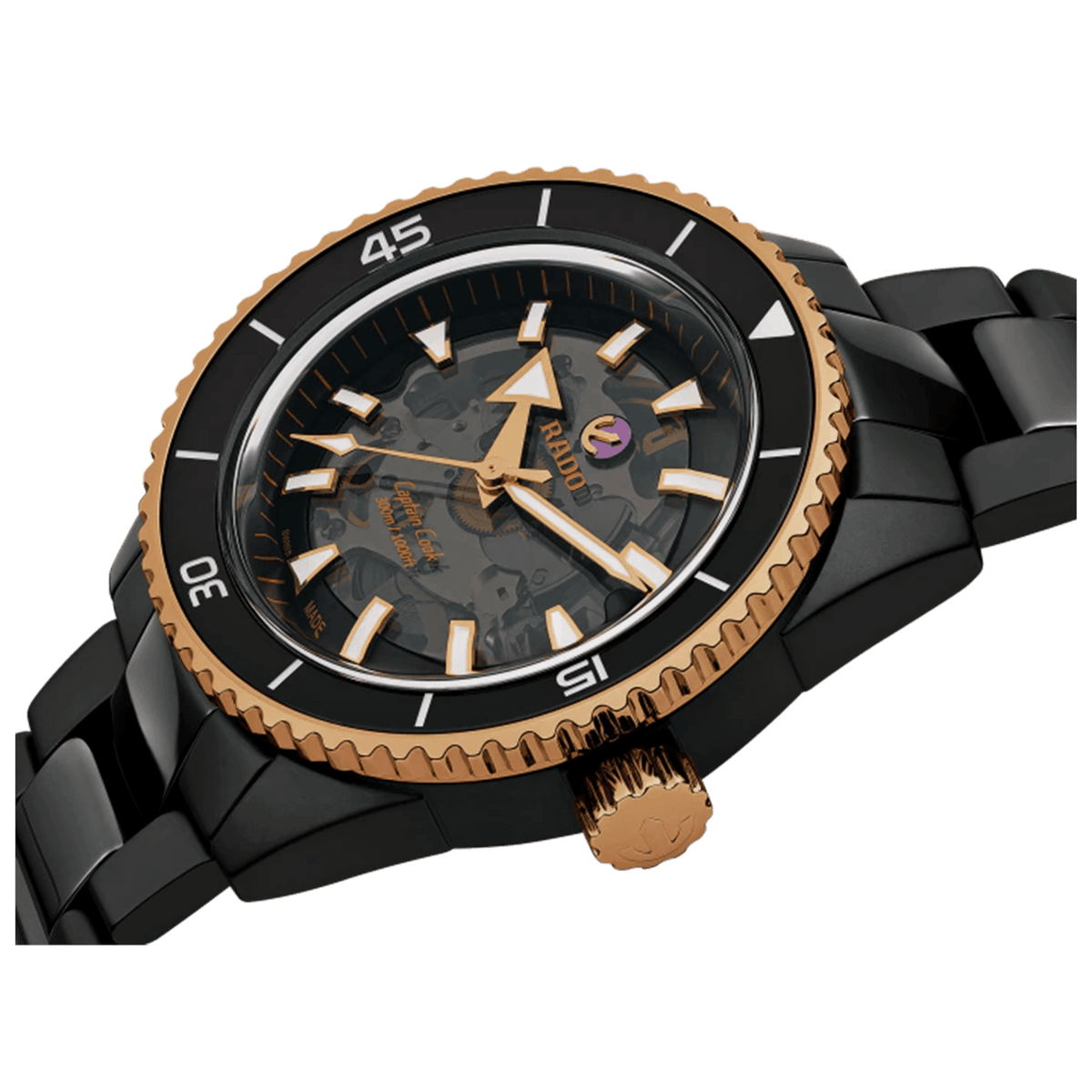 Rado Captain Cook Men's 43mm High-Tech Ceramic Rose Gold & Black Skeleton Automatic Watch R32127162 - Wallace Bishop