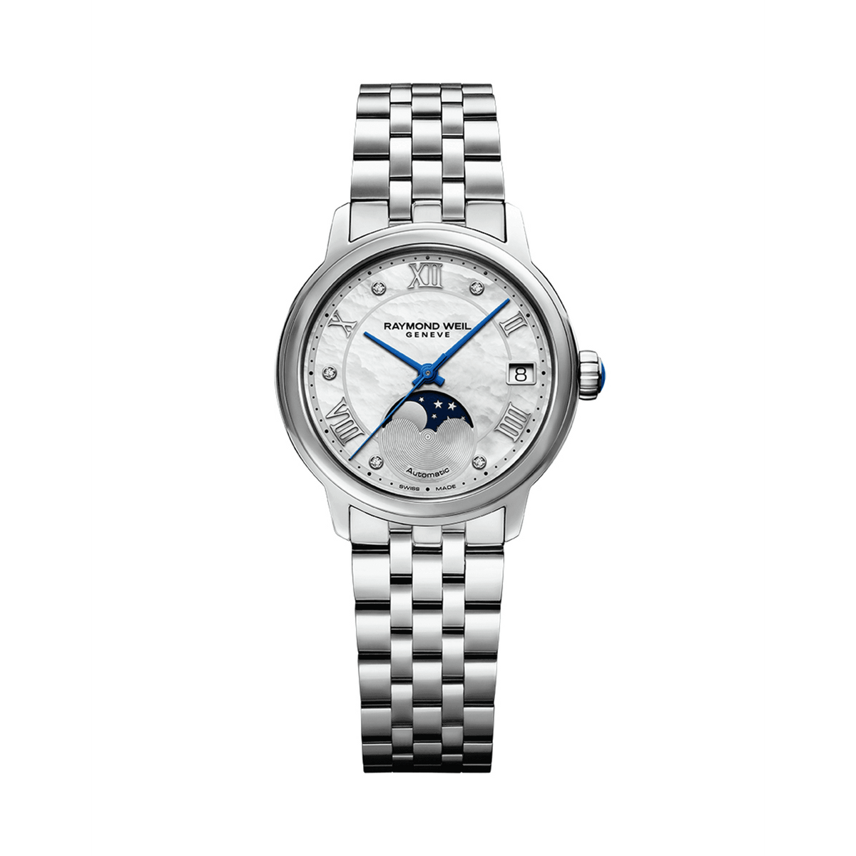 Raymond Weil Women's Maestro Stainless Steel Automatic Moon Phase Dress Watch Mother-Of-Pearl Diamond Dial 2139-ST-00965 - Wallace Bishop