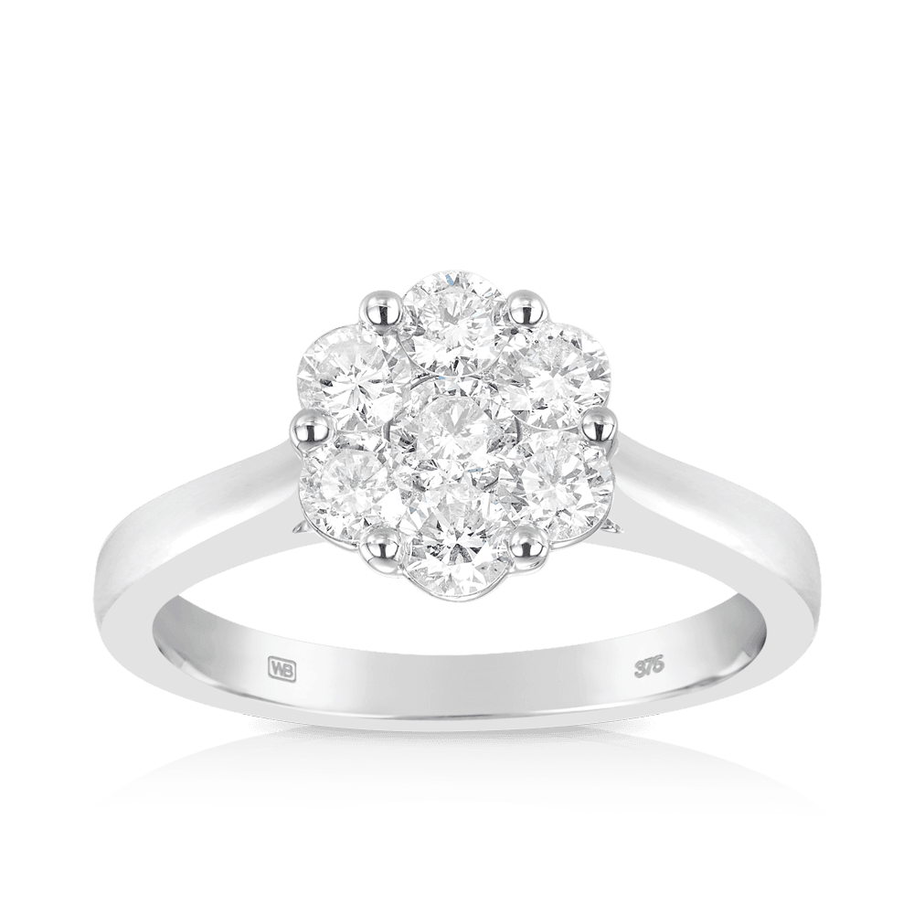 Round Brilliant Cut Diamond Cluster Engagement Ring in 9ct White Gold TDW 1.00ct - Wallace Bishop