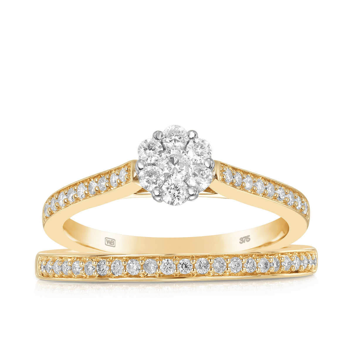Round Brilliant Cut Diamond Engagement & Wedding Bridal Set Rings in 9ct Yellow Gold - Wallace Bishop
